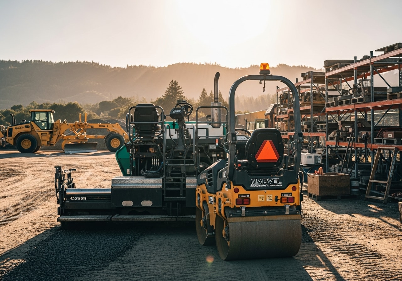 Paving crew and equipment on an active job site, showing asphalt machinery and grading tools.