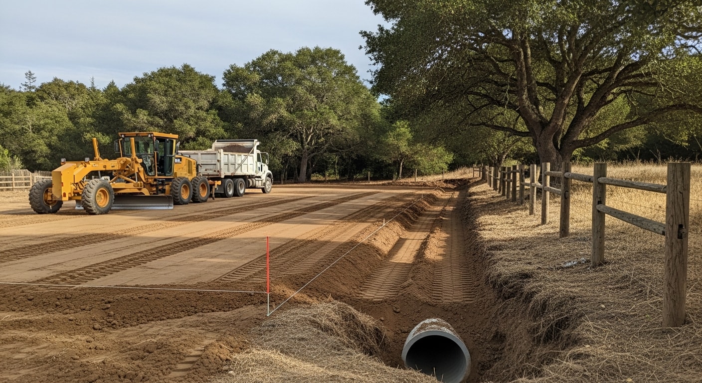 Grading equipment preparing a residential lot for construction