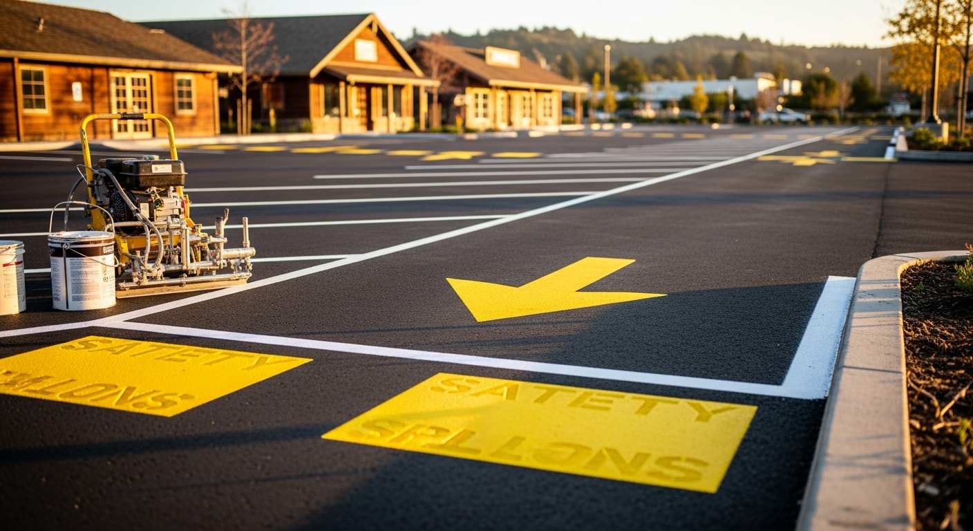 Freshly painted parking lot striping and directional arrows