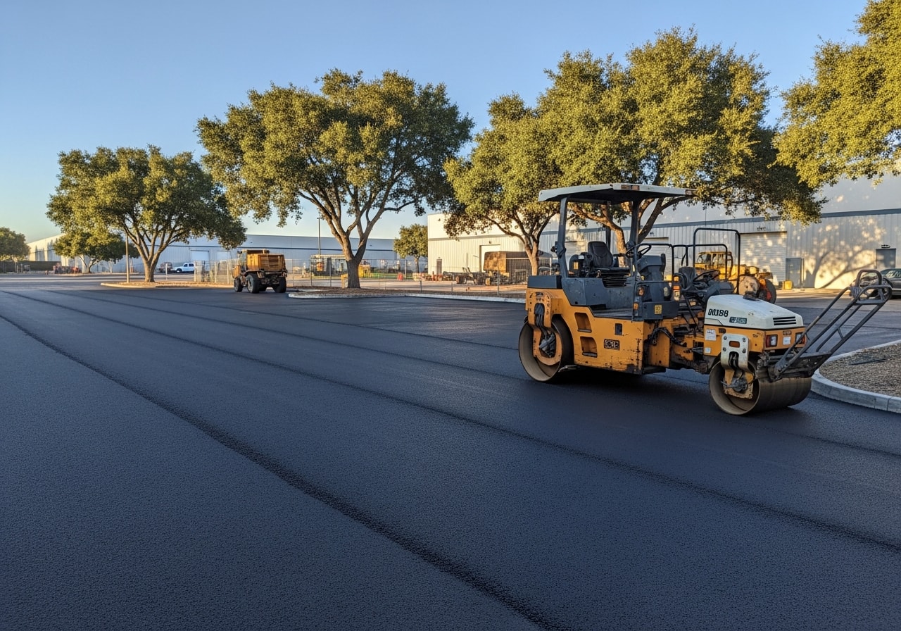 Freshly milled and overlaid asphalt surface at industrial park in Napa