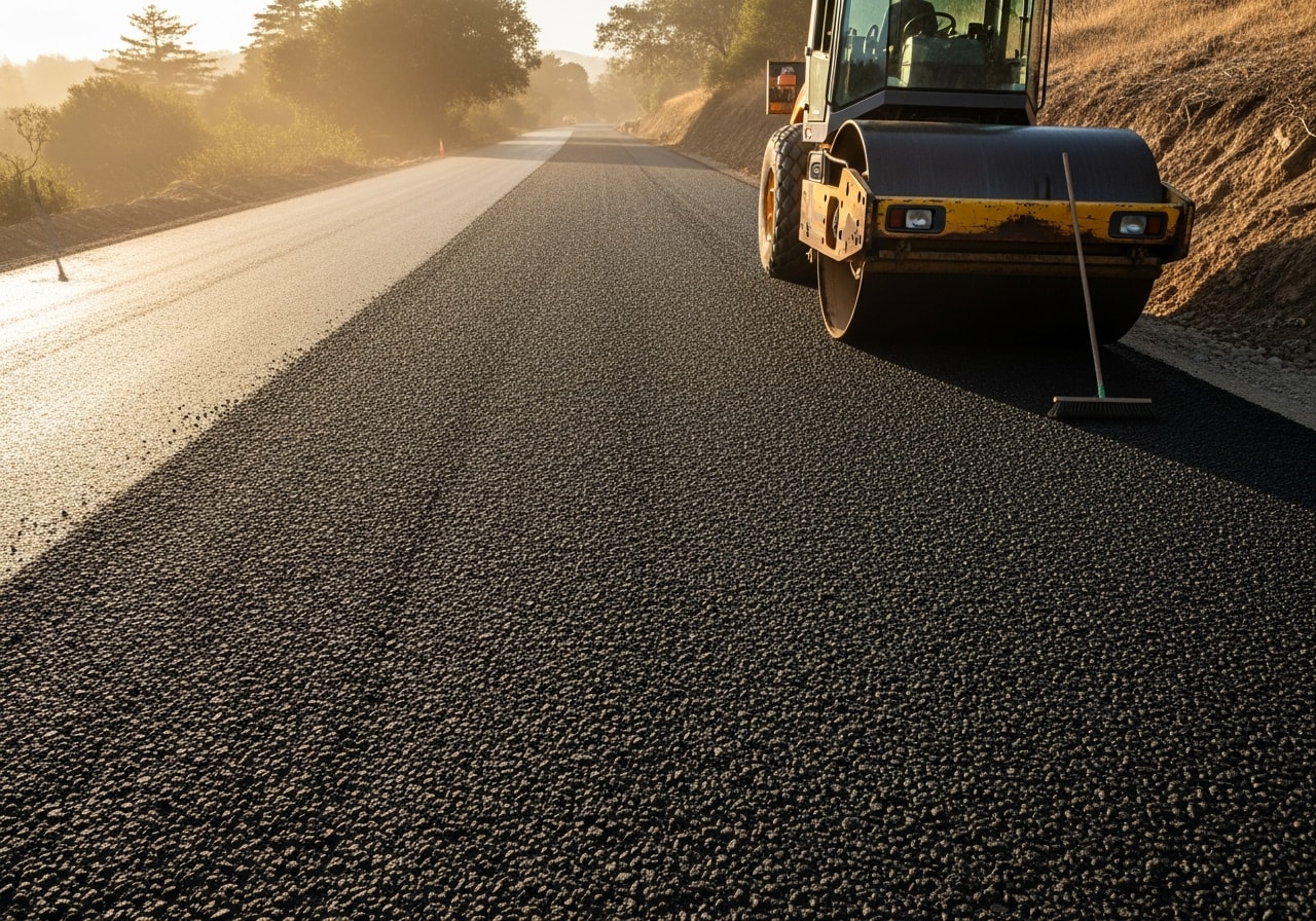 Newly sealed road surface with aggregate chip and seal texture in Marin County