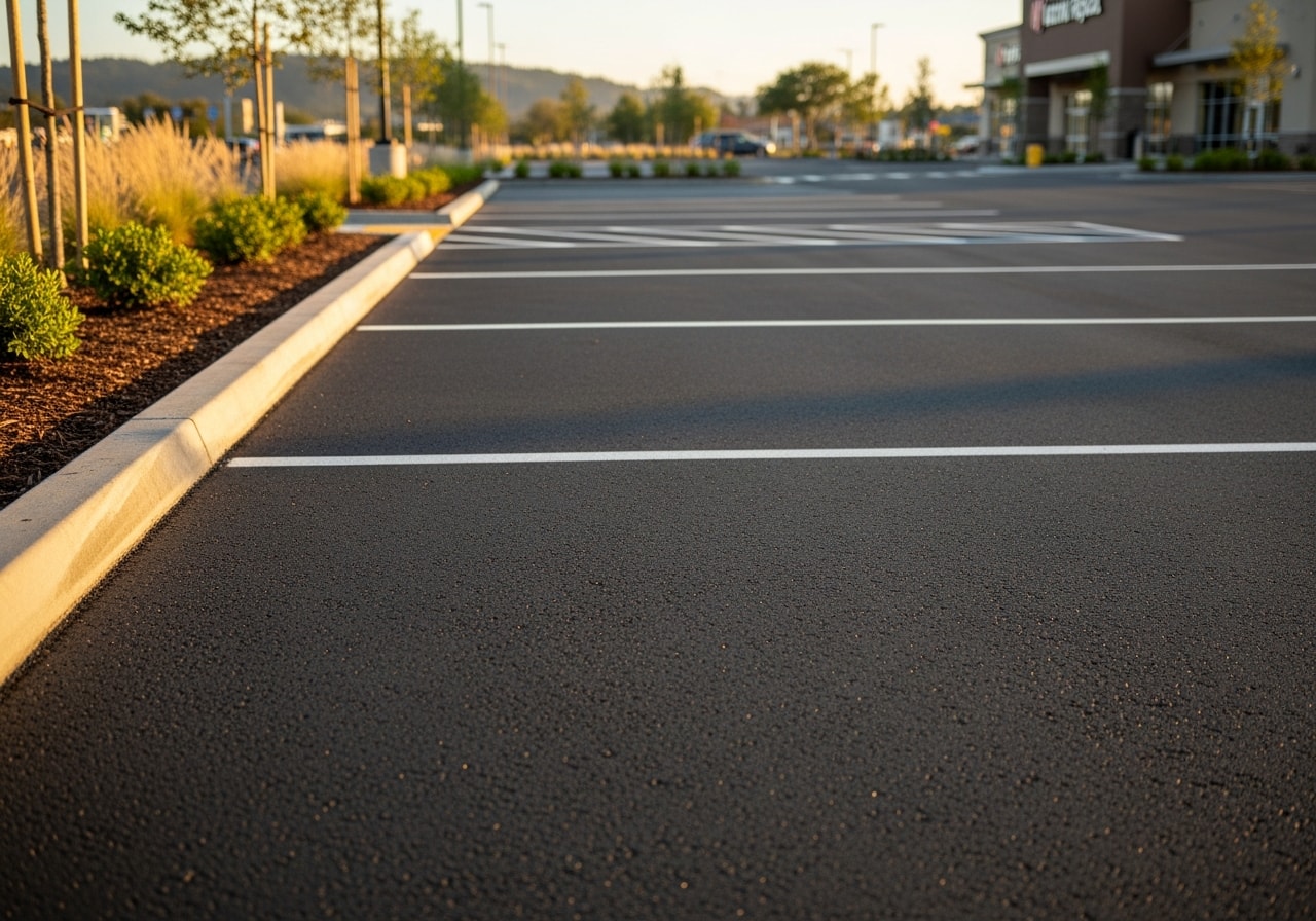 Finished asphalt parking lot with fresh black pavement and parking space striping at retail center in Santa Rosa