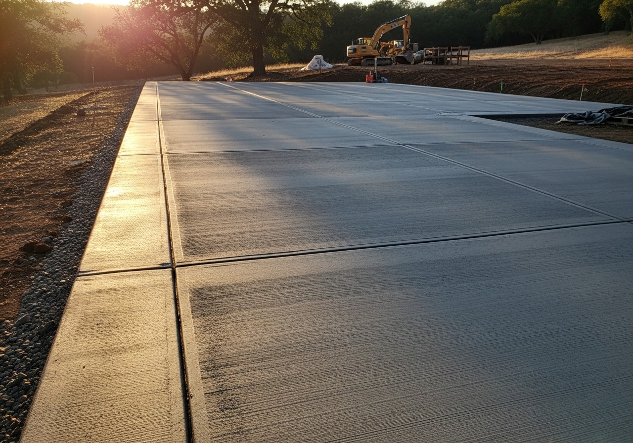 Finished concrete pad with broom texture and integrated drainage system at equipment storage site in Sonoma