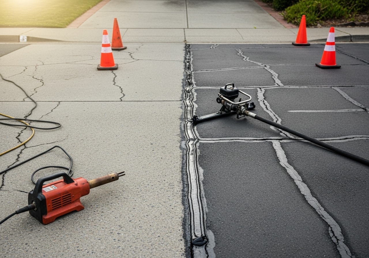 Sealed asphalt cracks with hot rubberized filler preventing water damage in Alameda