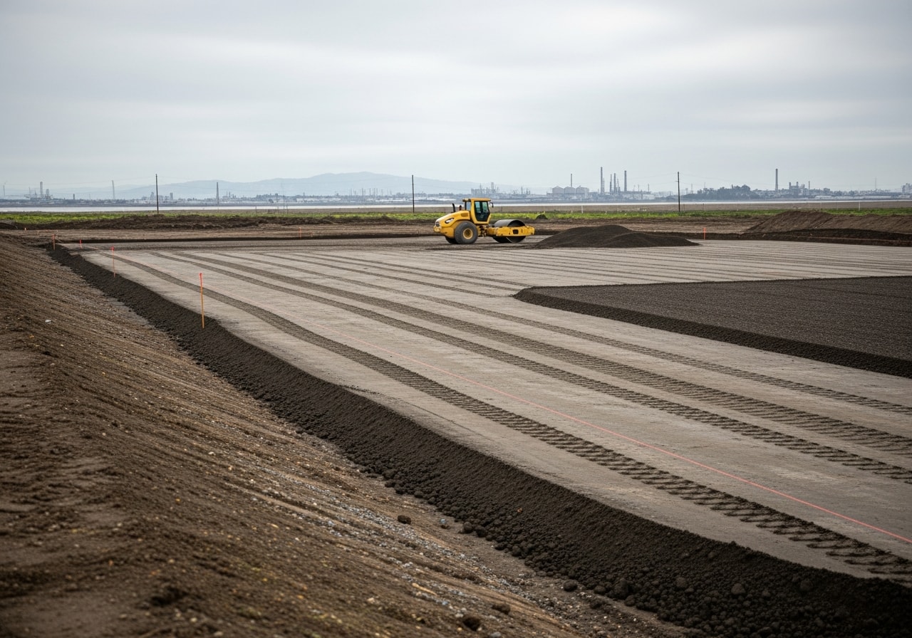 Graded industrial lot with compacted baserock and proper drainage slope in Alameda