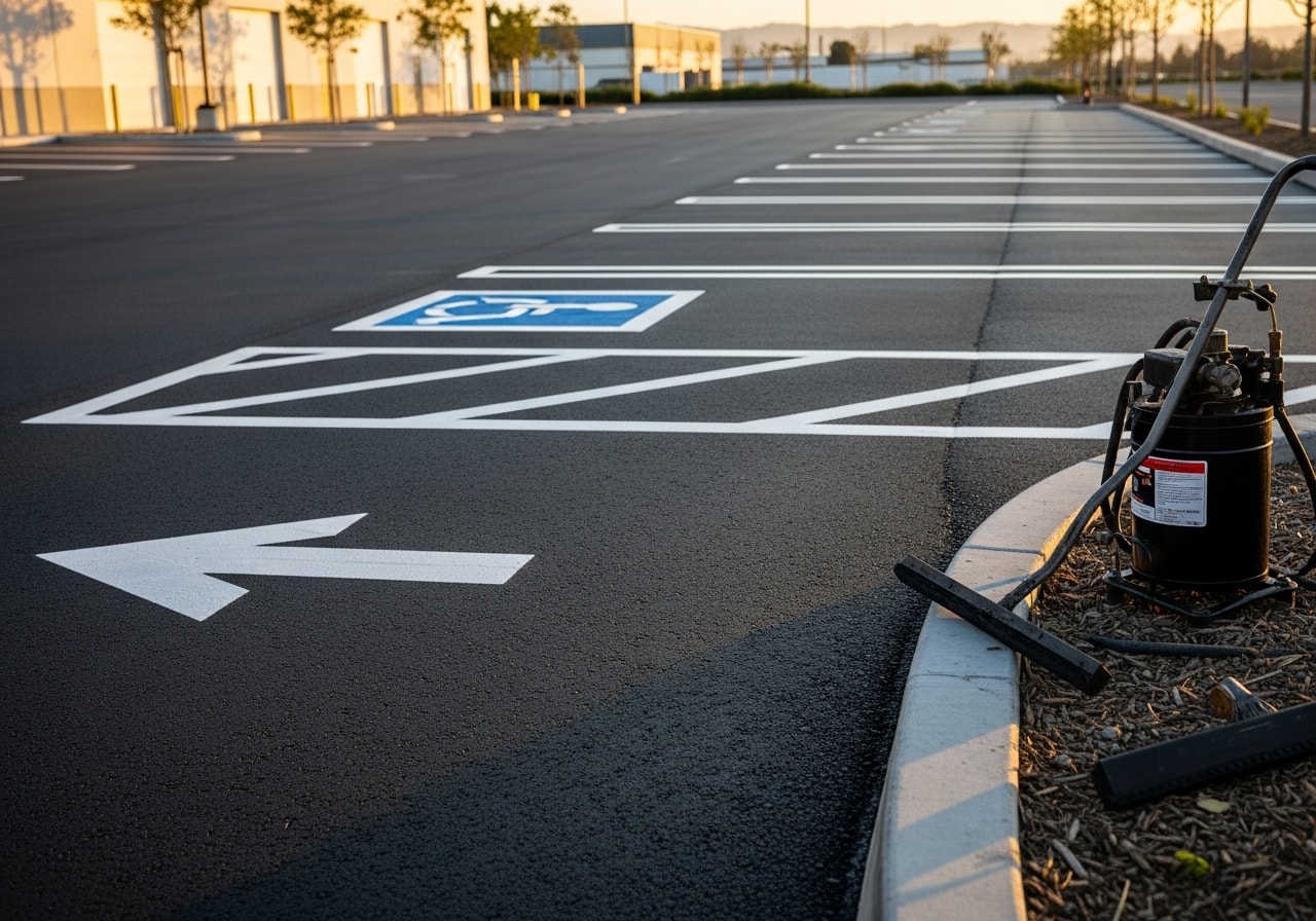 Parking lot with fresh white striping, directional arrows, and dark seal coating in Vallejo