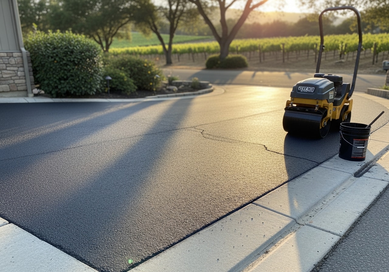 Smooth black asphalt driveway with fresh seal coating at residential home in Napa