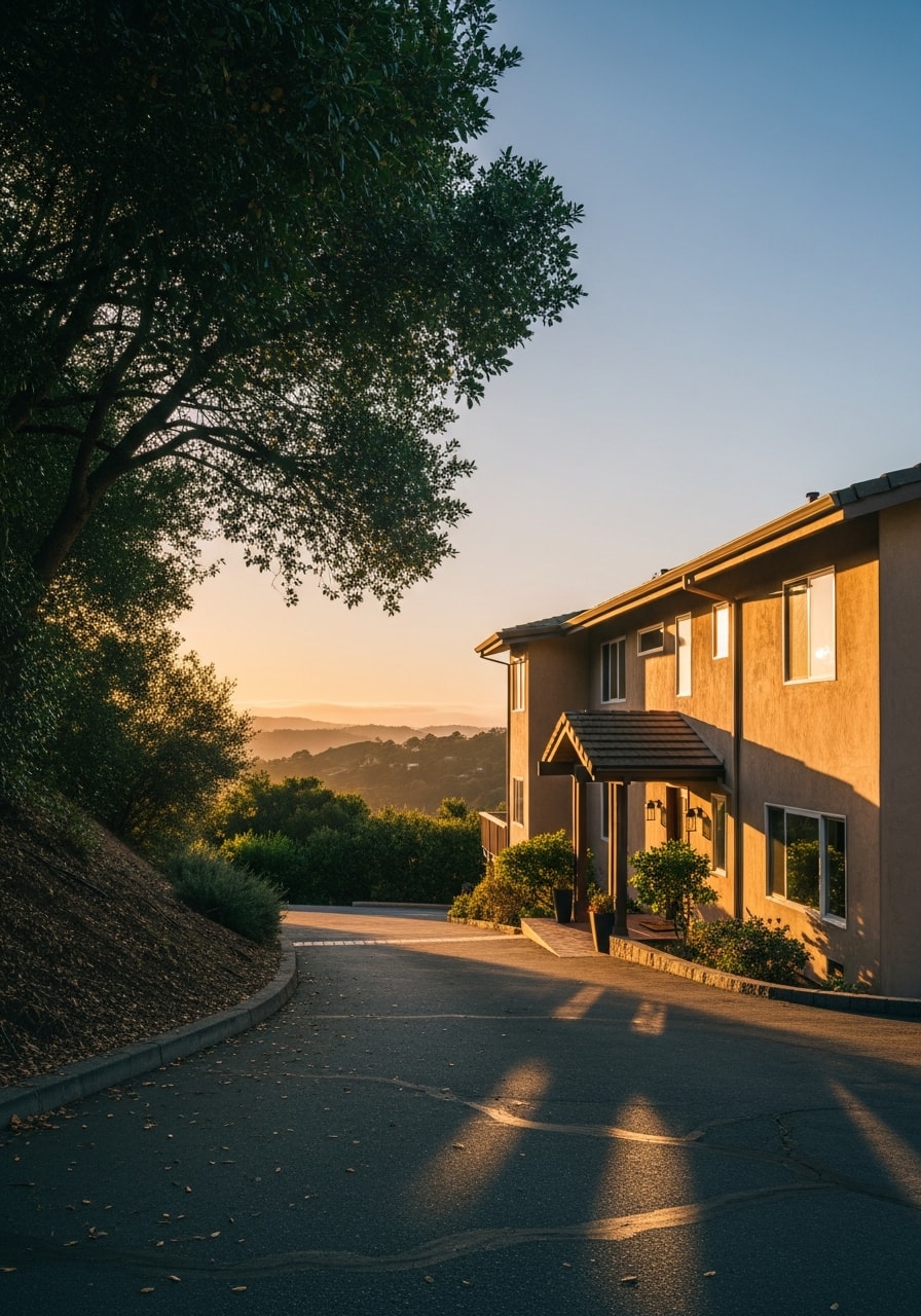 Portrait of a Marin County home exterior with native vegetation and hillside setting visible.