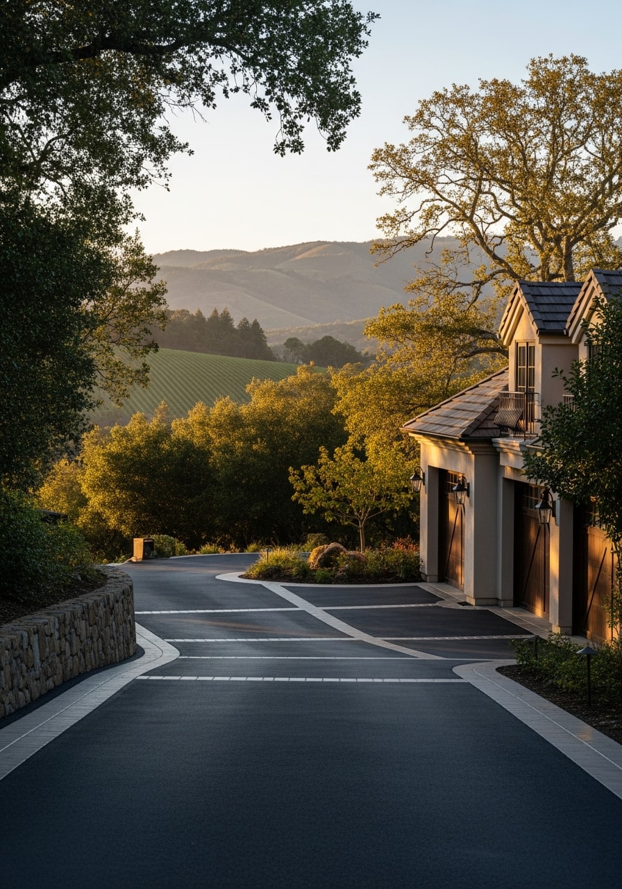 Portrait of an upscale Napa County home with manicured landscaping and vineyard views in the background.