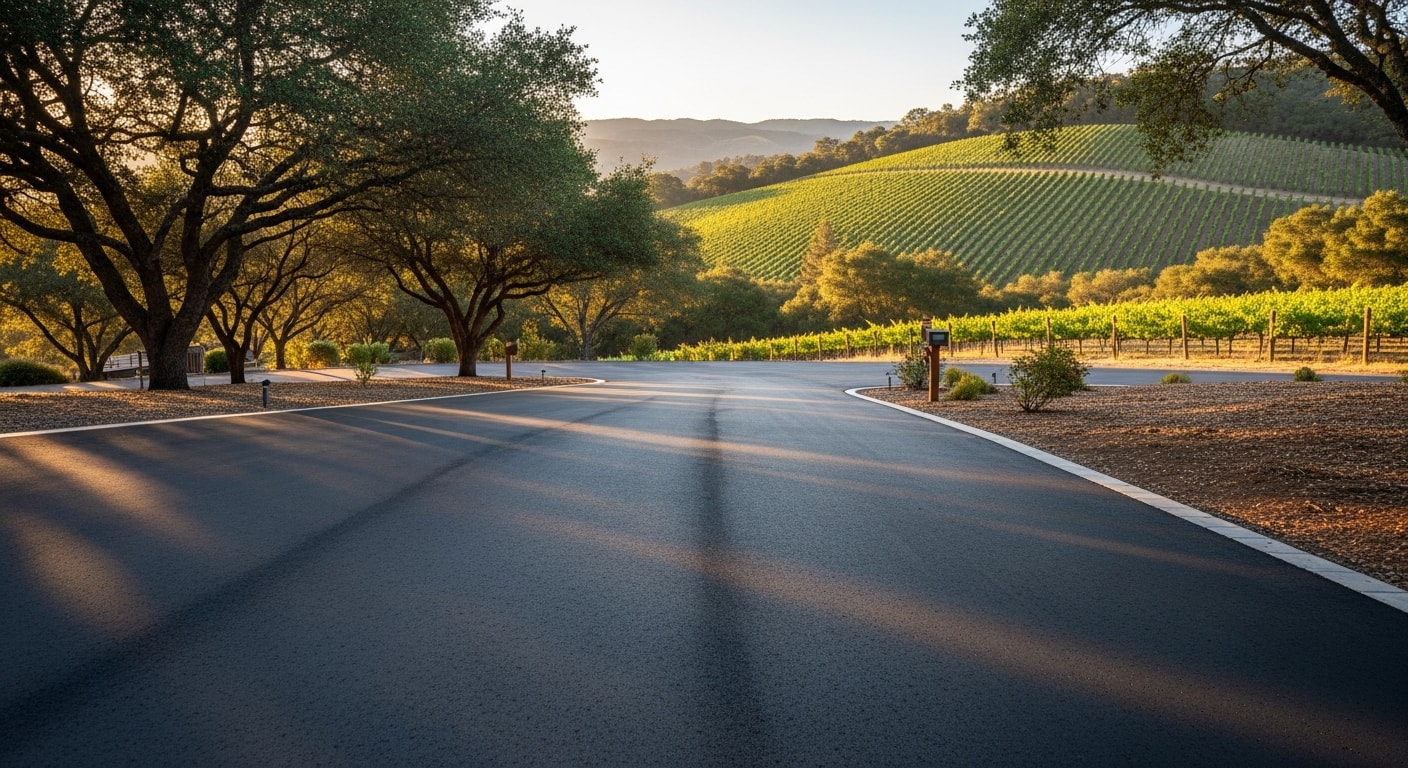 Wide view of Sonoma County landscape showing rolling vineyards, oak-dotted hills, and a residential property in the foreground under clear sky.