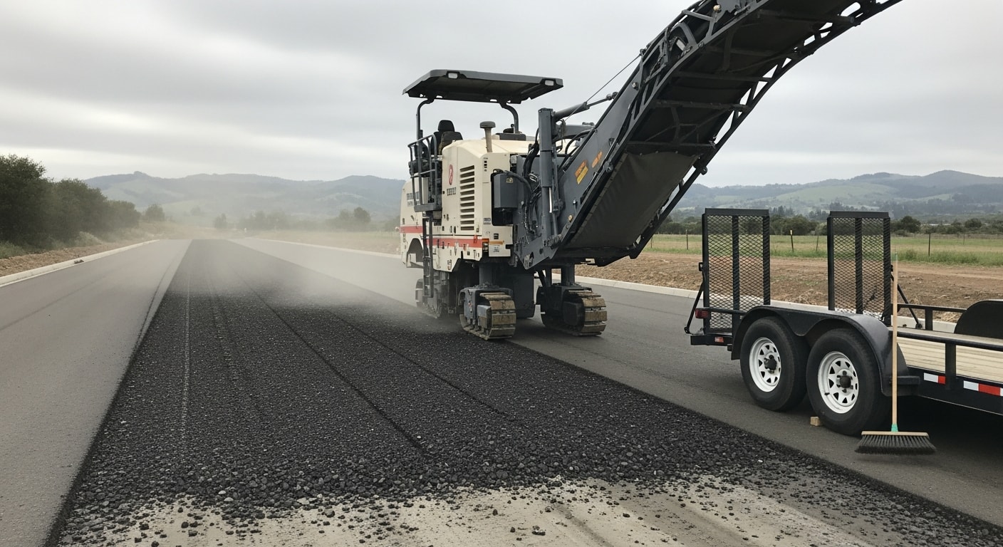 A milling machine grinding the damaged top layer of an asphalt parking lot in Sonoma County, leaving a clean, textured surface ready for a new asphalt overlay. Reclaimed asphalt material is being loaded into a dump truck alongside the milling equipment.