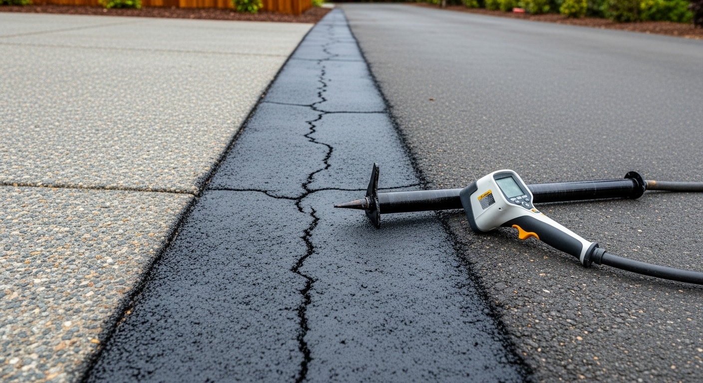 A freshly patched asphalt driveway in Sonoma County with clean, level surfaces and no visible cracks or potholes. The repair blends smoothly with the surrounding pavement on a residential property.