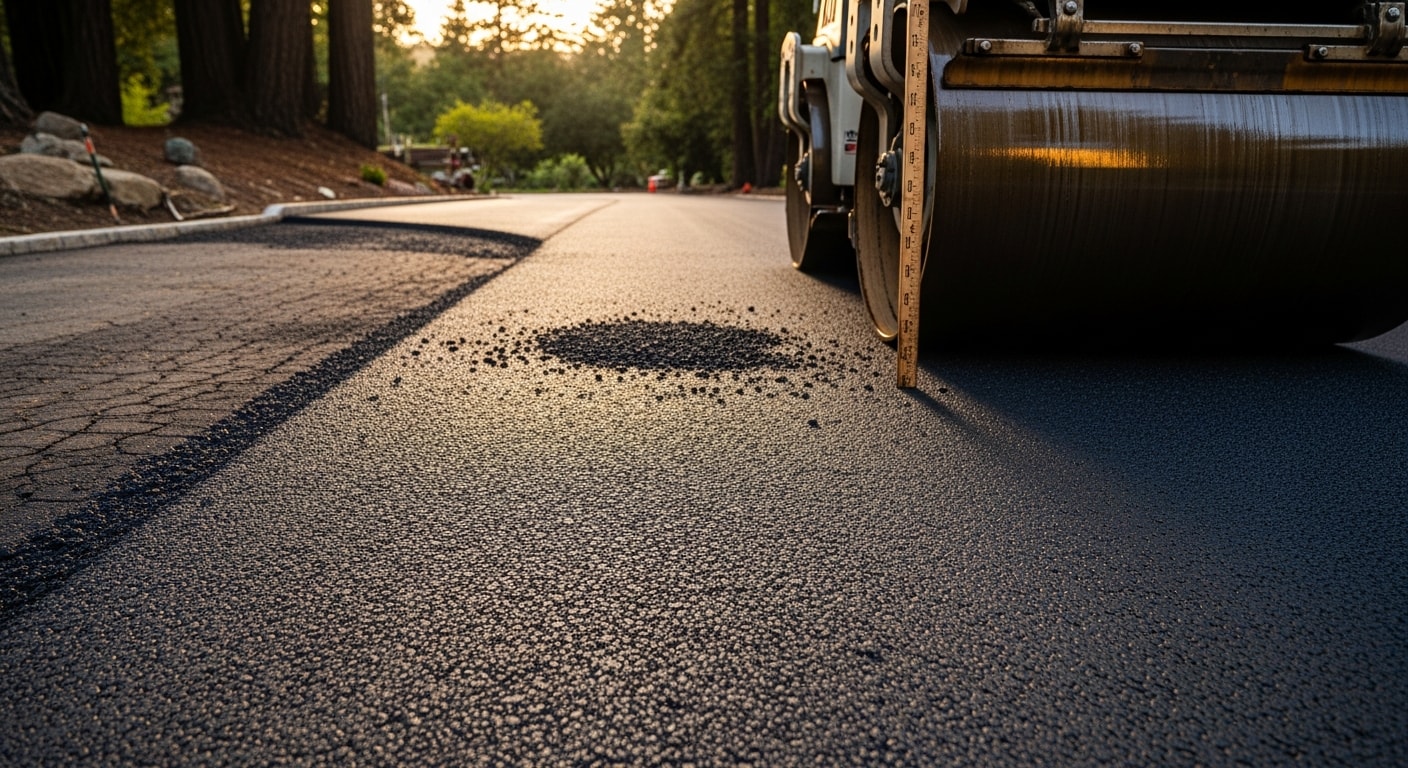 Freshly resurfaced asphalt driveway at a residential property in Sonoma County, California, showing a smooth, dark surface with clean edges and proper drainage slope. A paving crew compacts the new asphalt layer on a clear day with rolling hills visible in the background.