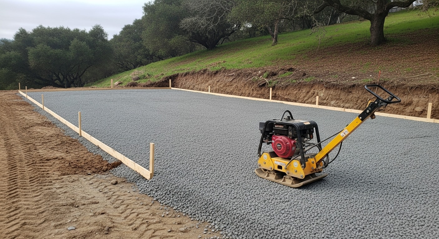 Freshly compacted aggregate baserock covering a residential driveway subgrade on a Sonoma County property, with grading equipment visible in the background. The base layer is level and ready for asphalt or paver installation.