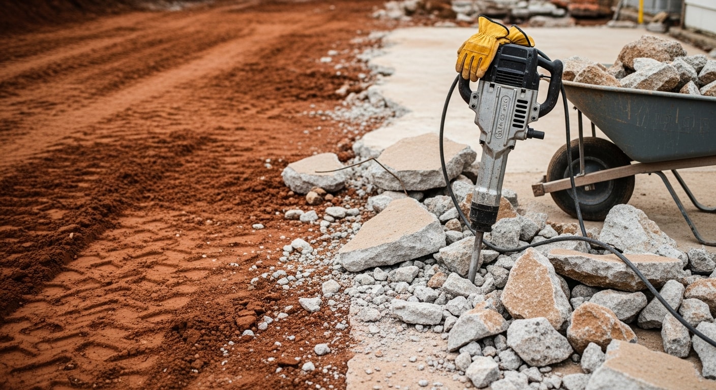 A concrete demolition crew breaking up a cracked residential driveway slab in Sonoma County, with broken concrete chunks loaded into a debris hauler and the cleared site visible in the background. The surrounding landscaping and property structure remain undisturbed.