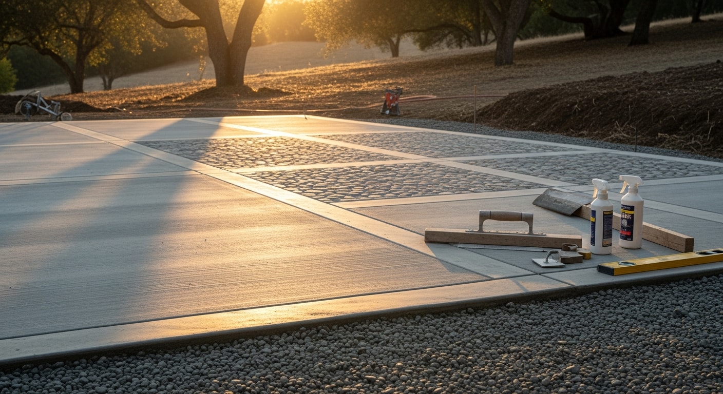 Freshly broom-finished concrete driveway at a residential property in Sonoma County, California, with clean edges and a uniform textured surface. The slab runs from the street to a detached garage, set against a backdrop of dry summer hills typical of the Sonoma County landscape.