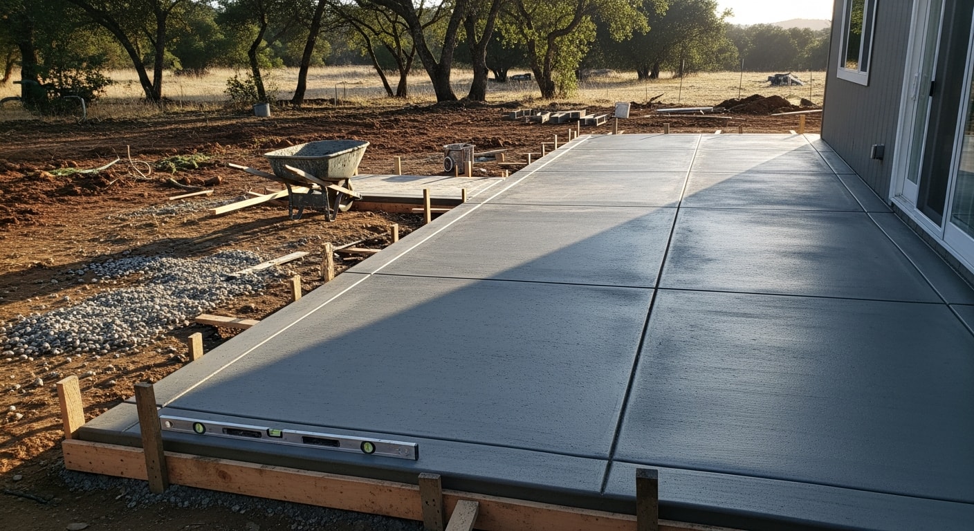 A freshly poured concrete patio behind a residential home in Sonoma County, showing a smooth broom-finished surface with clean edges and proper slope away from the house. The surrounding yard reflects the region's dry summer landscape with open sky and low-maintenance plantings along the patio border.