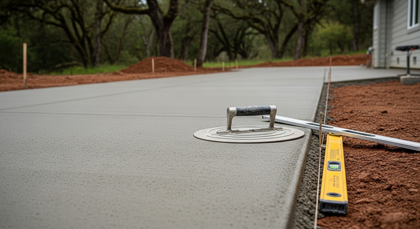 Freshly poured and finished concrete driveway at a residential property in Sonoma County, California. The surface shows clean edging, a smooth broom finish, and proper slope away from the garage.