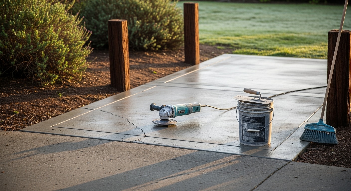 A repaired concrete driveway in Sonoma County with a smooth, level surface and filled cracks, showing restored flatwork on a residential property. Close-up view highlights the clean finish after crack repair and resurfacing work.