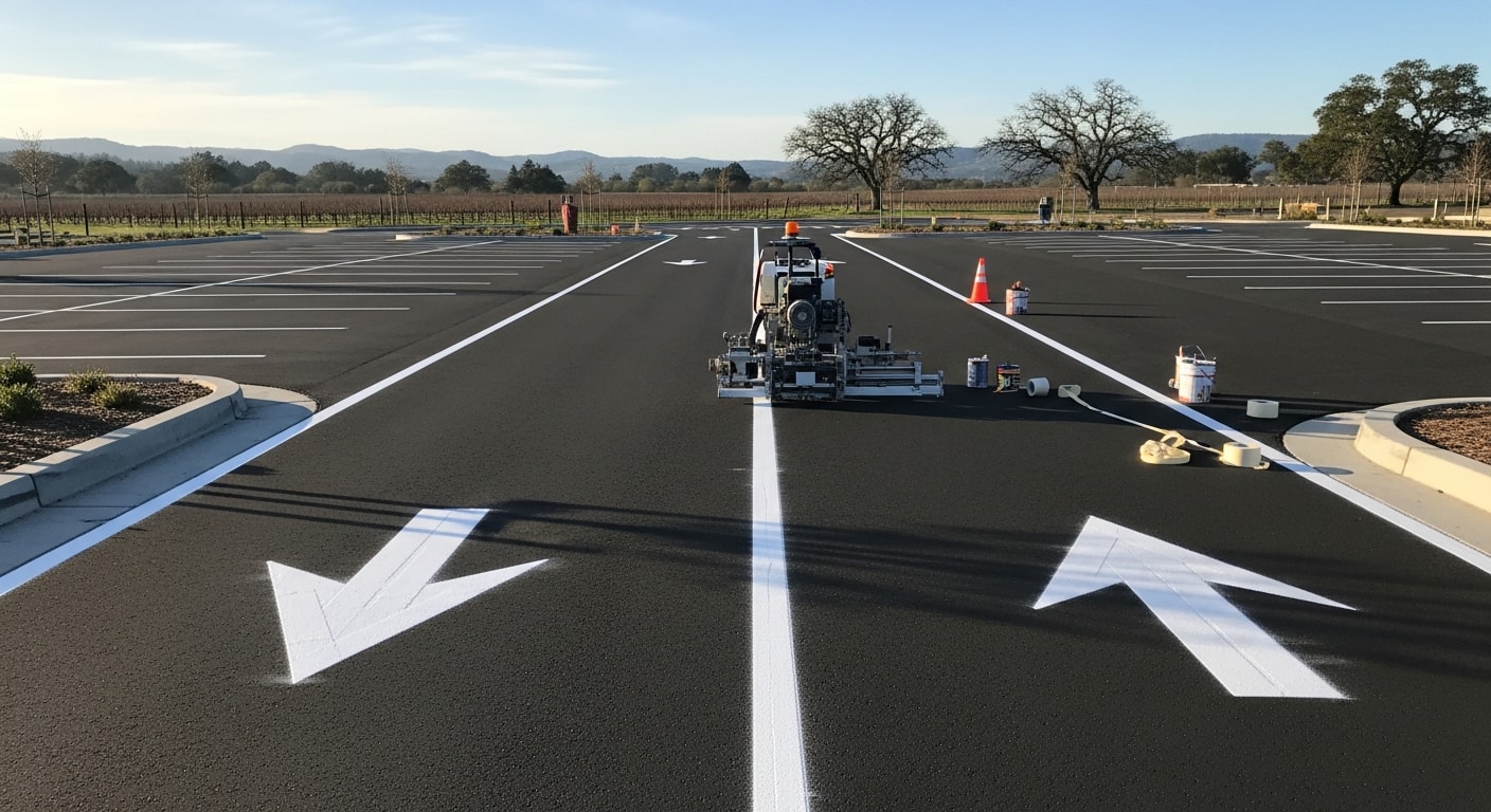 Freshly painted white directional arrow markings on a commercial asphalt parking lot in Sonoma County, California. The arrows clearly indicate one-way traffic flow through the circulation aisle between parking stalls.