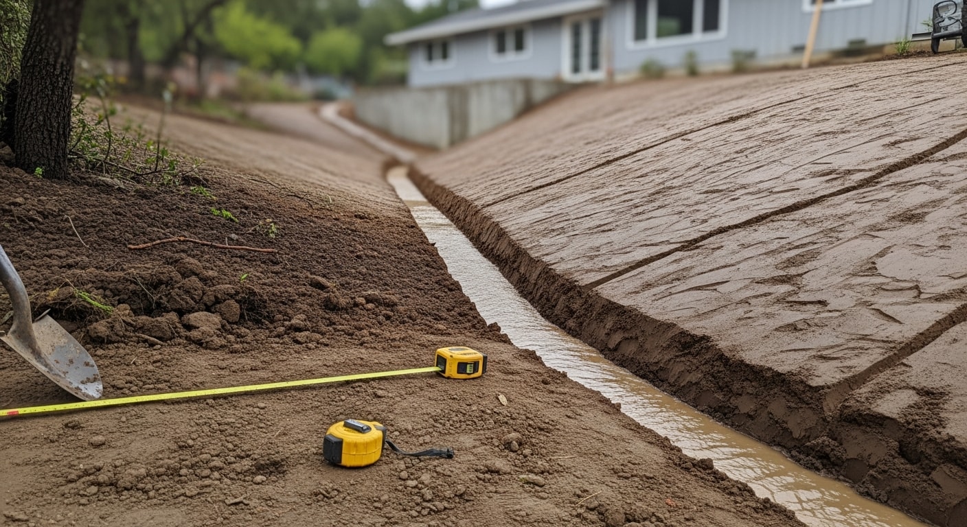 A regraded residential yard in Sonoma County with a newly installed swale channeling stormwater runoff away from the home's foundation. Compacted soil and clean grading lines are visible along the slope, with no standing water present.