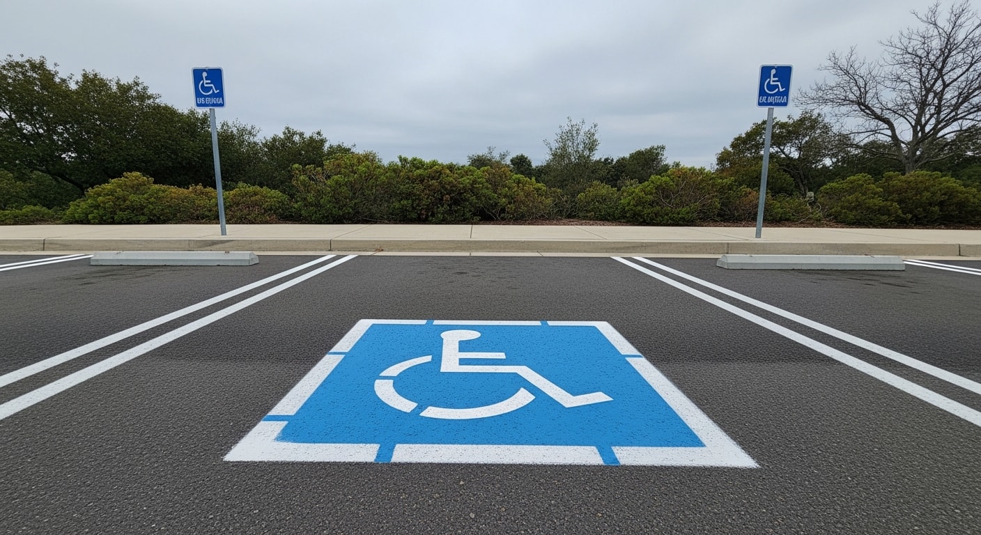 Freshly painted blue and white International Symbol of Accessibility stenciled on an asphalt parking space in a Sonoma County commercial lot. The 36-inch pavement symbol is centered in the space with a clearly marked white 'NO PARKING' access aisle visible to the right.