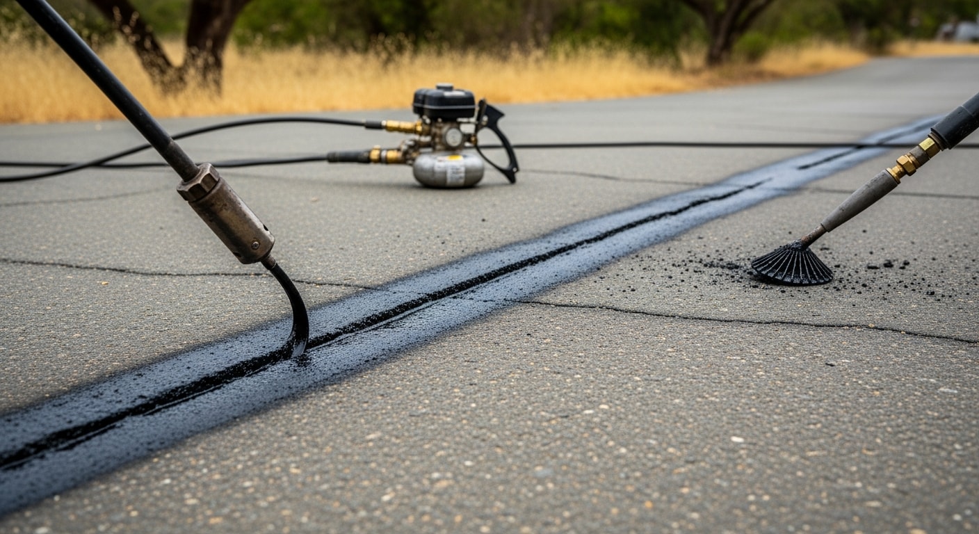 Close-up of a Sonoma County asphalt driveway showing freshly applied hot rubberized crack filler sealing a longitudinal crack in dark pavement. A paving crew member guides the heated sealant applicator along the crack on a clear day.