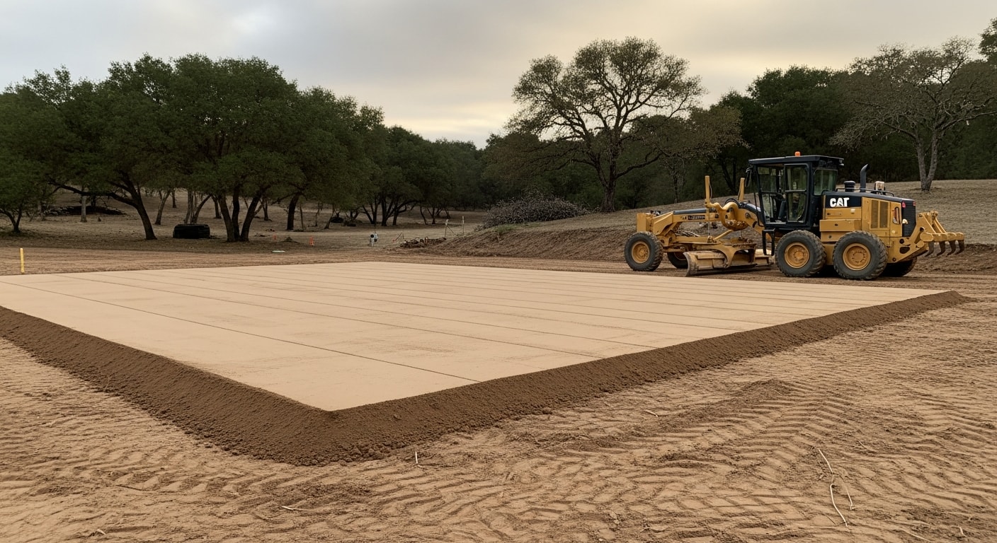 A graded and compacted building pad on a Sonoma County residential lot, with cleared vegetation and leveled soil ready for construction. The surrounding terrain shows the county's characteristic rolling hillside landscape in the background.