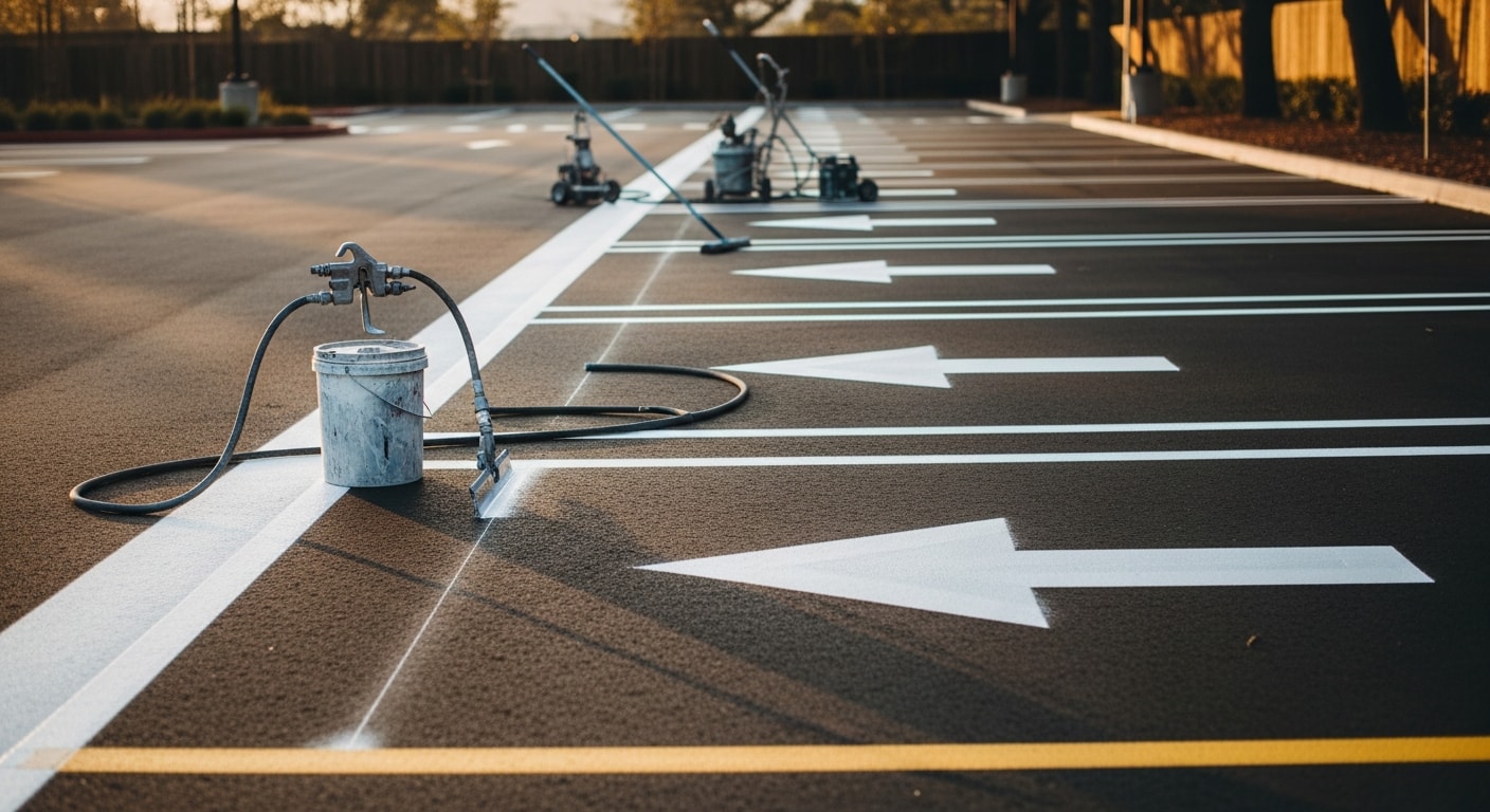 Freshly repainted white parking stall lines and a yellow fire lane stripe on a commercial asphalt lot in Sonoma County, California. The markings are crisp and high-contrast against the dark pavement surface.