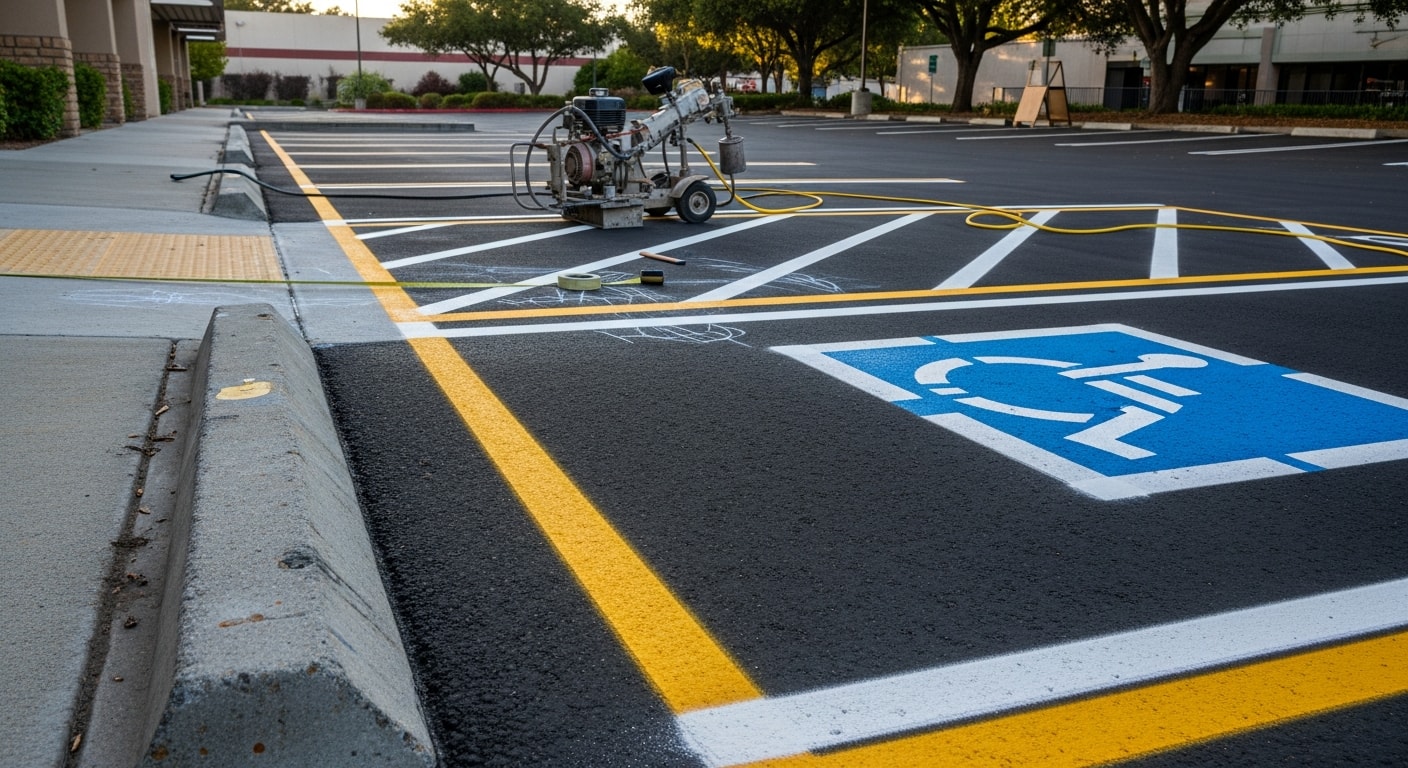 Freshly striped commercial parking lot in Sonoma County, California, showing bright white stall lines, directional arrows, and blue ADA-accessible spaces on dark asphalt. A row of marked parking stalls with clearly painted crosswalk and fire lane markings in front of a commercial building.