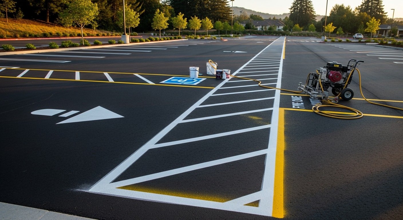Freshly striped commercial parking lot in Sonoma County showing white parking stall lines, a blue ADA-accessible stall with access aisle, and a red-painted fire lane curb on new asphalt. Marvel Grading & Paving pavement marking work on a clear day in Northern California.