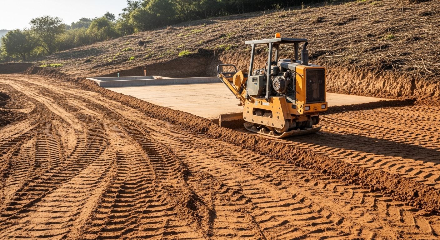 A graded and compacted dirt building pad on a Sonoma County residential lot, with cleared terrain and shaped drainage slopes visible in the foreground. Heavy grading equipment sits to the side of the prepared site, ready for paving work to begin.